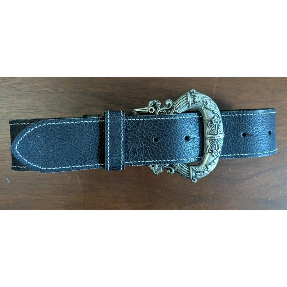 Vintage Italian Leather Belt Womens M Black Pebbled Ornate Pewter Buckle 34-38